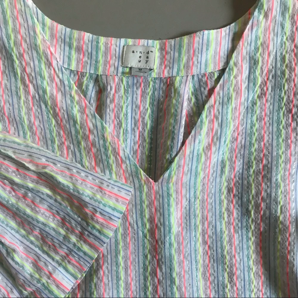 A NEW DAY Seersucker Ruffle Bell Sleeve Metallic Sparkle Neon Striped Blouse - Picture 2 of 9